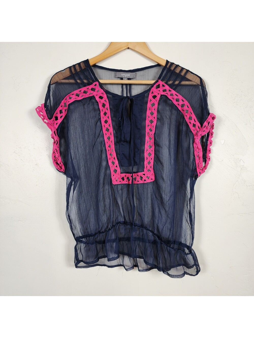 Umgee Navy Blue Sheer Mesh Embroidered Pink Crochet Trim Boho Blouse Top Small